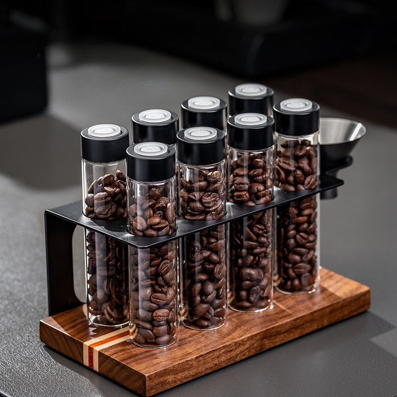 Coffee Equipment Rack - JUSTINLAU ガラス製コーヒー豆保存容器 気密1方向バルブ付き 木製ディスプレイラック ファンネル付き 木製キッチンオーガナイザー