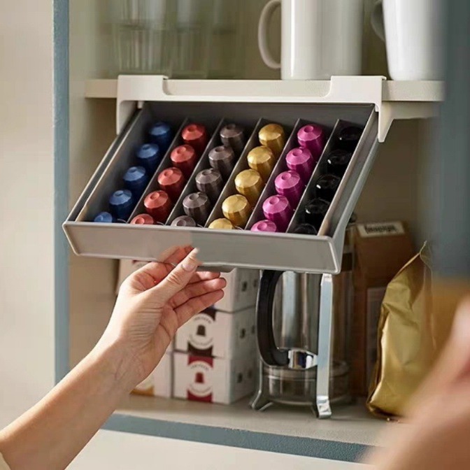 Coffee Equipment Rack - コーヒーカプセルホルダー カプセルコーヒー ティーバッグ収納ラック 引き出し整理ボックス 穴あけ不要 省スペース収納ボックス