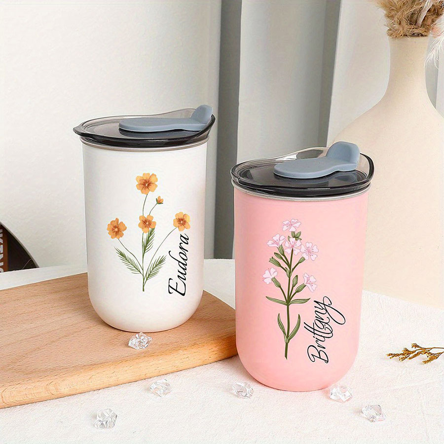 Coffee Equipment Names - パーソナライズされた名前入り誕生花柄断熱コーヒータンブラー、カスタムフローラルプリントステンレススチール製トラベルマグ、フリップ蓋付き