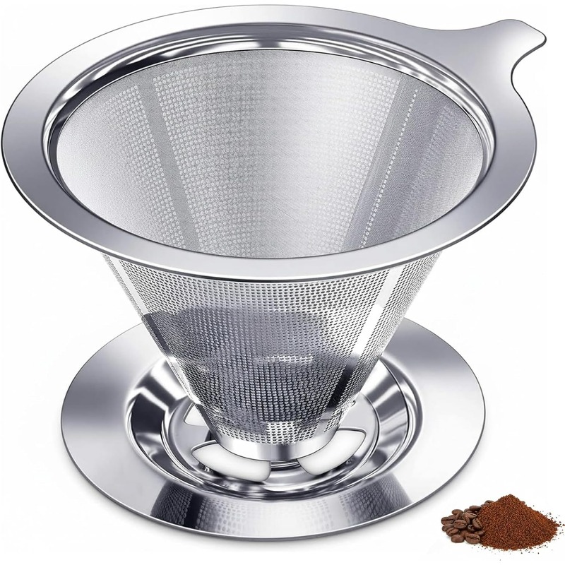 Coffee Equipment Pour Over - 304ステンレス鋼製ポアオーバーコーヒードリッパー、フィルターペーパー不要、手動、再利用可能、シングルカップコーヒーメーカー、1～4カップ用、スタンド付き