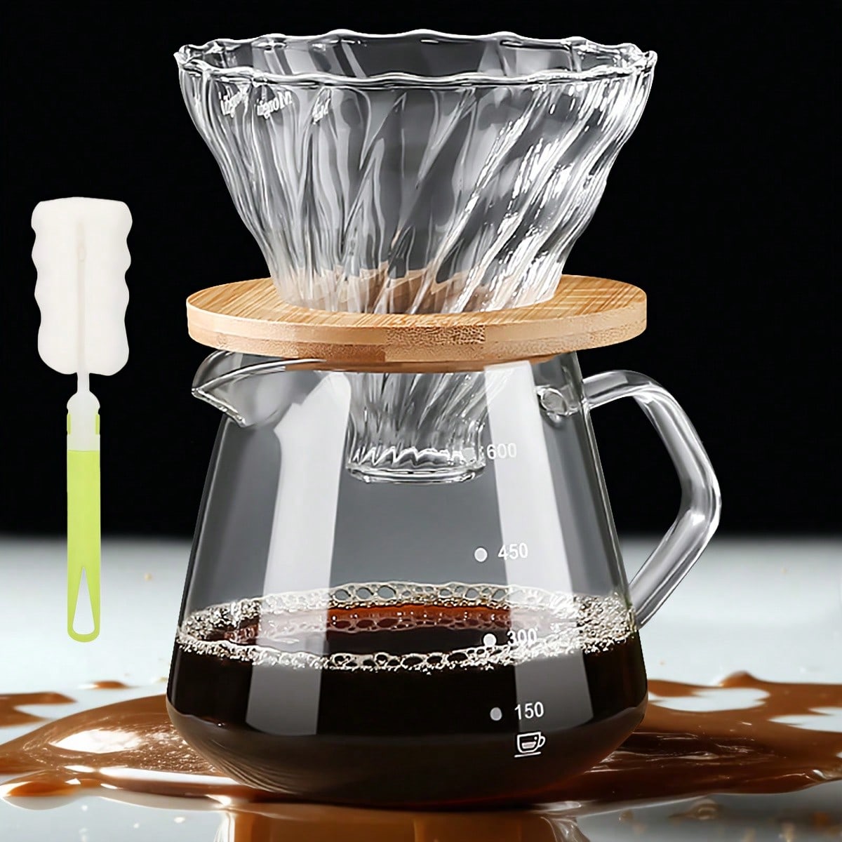 Coffee Equipment Pour Over - プアオーバーコーヒーメーカーセット、ホウケイ酸ガラスコーヒーサーバー（クリーニングブラシ付き）、家庭カフェ用プアオーバーコーヒードリッパーカラフェ